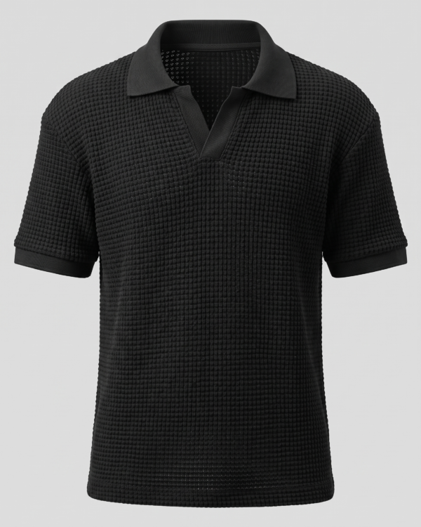 Fancy Waffle Knit Polo Black Front