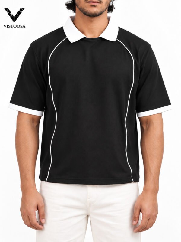 Premium Boxy Fit Lycra Polo Shirt with Contrast Piping (Black)