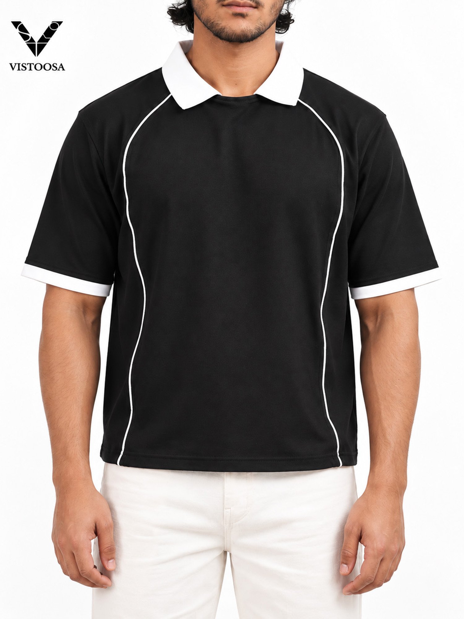 Premium Boxy Fit Lycra Polo Shirt with Contrast Piping (Black)