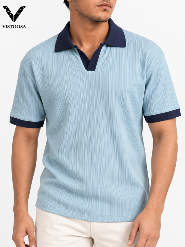 Dusty Blue Ribbed Johnny Collar (V-neck) Polo