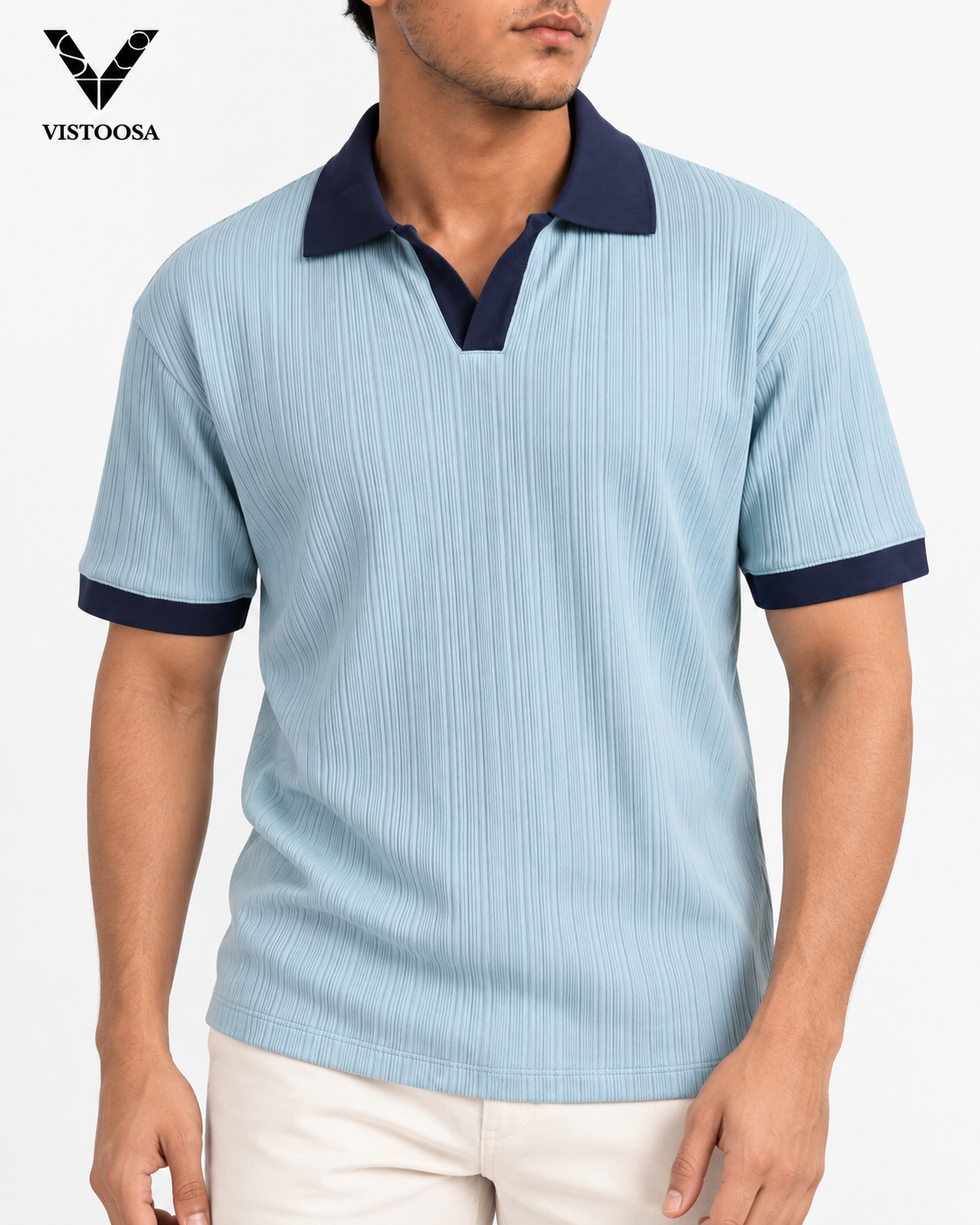 Dusty Blue Ribbed Johnny Collar (V-neck) Polo