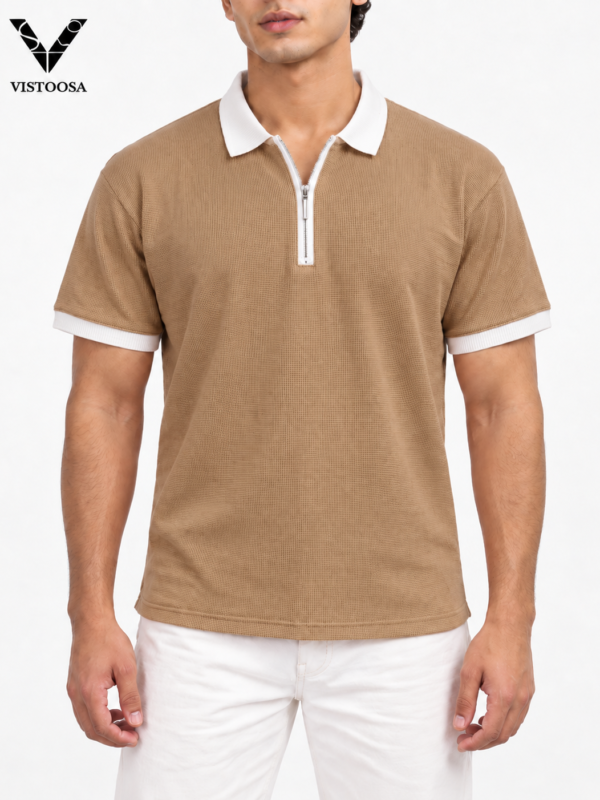 Premium Khaki Waffle Zipper Polo