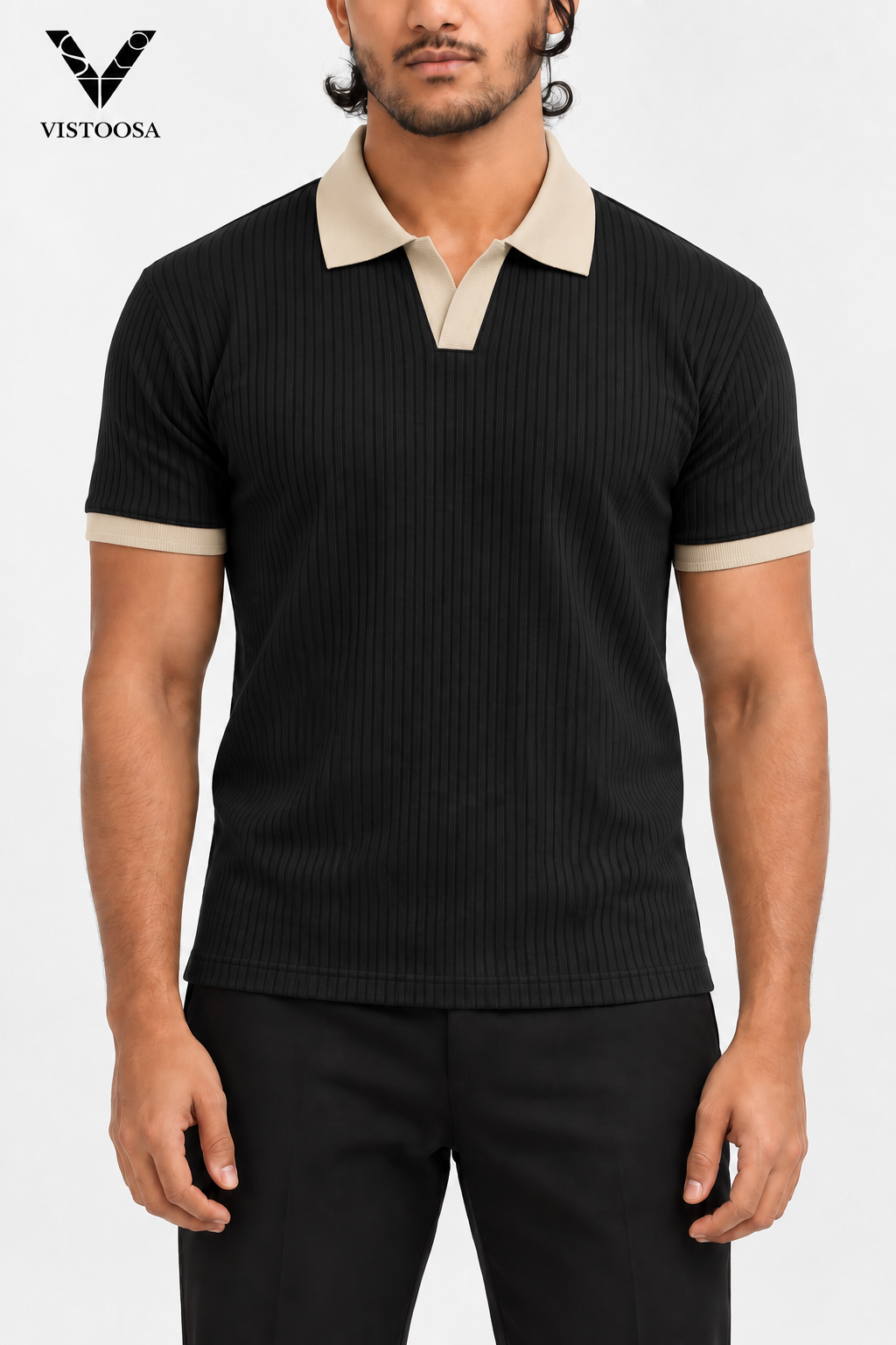 Black Ribbed Johnny Collar (V-neck) Polo