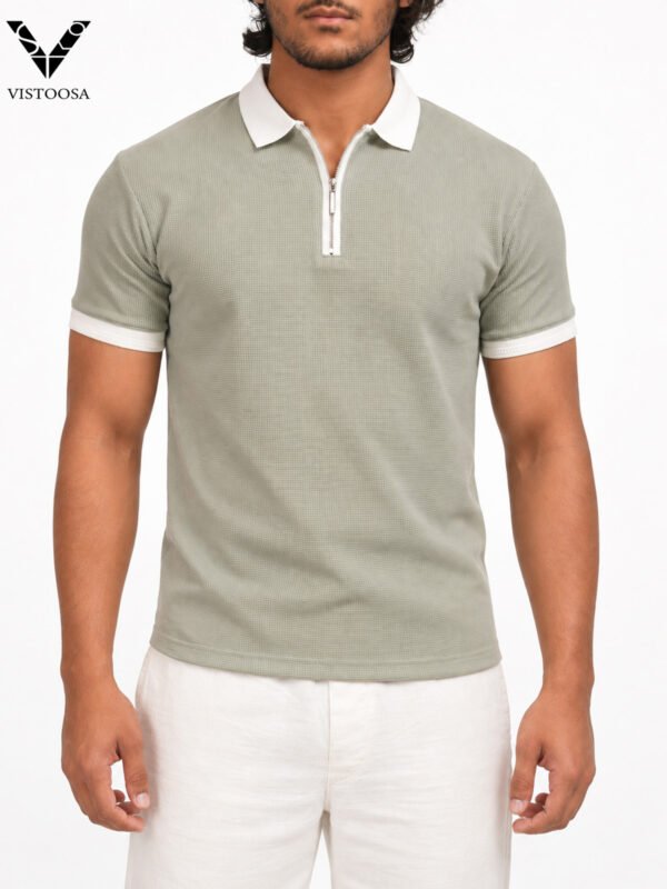 Premium Sage Green Waffle Zipper Polo