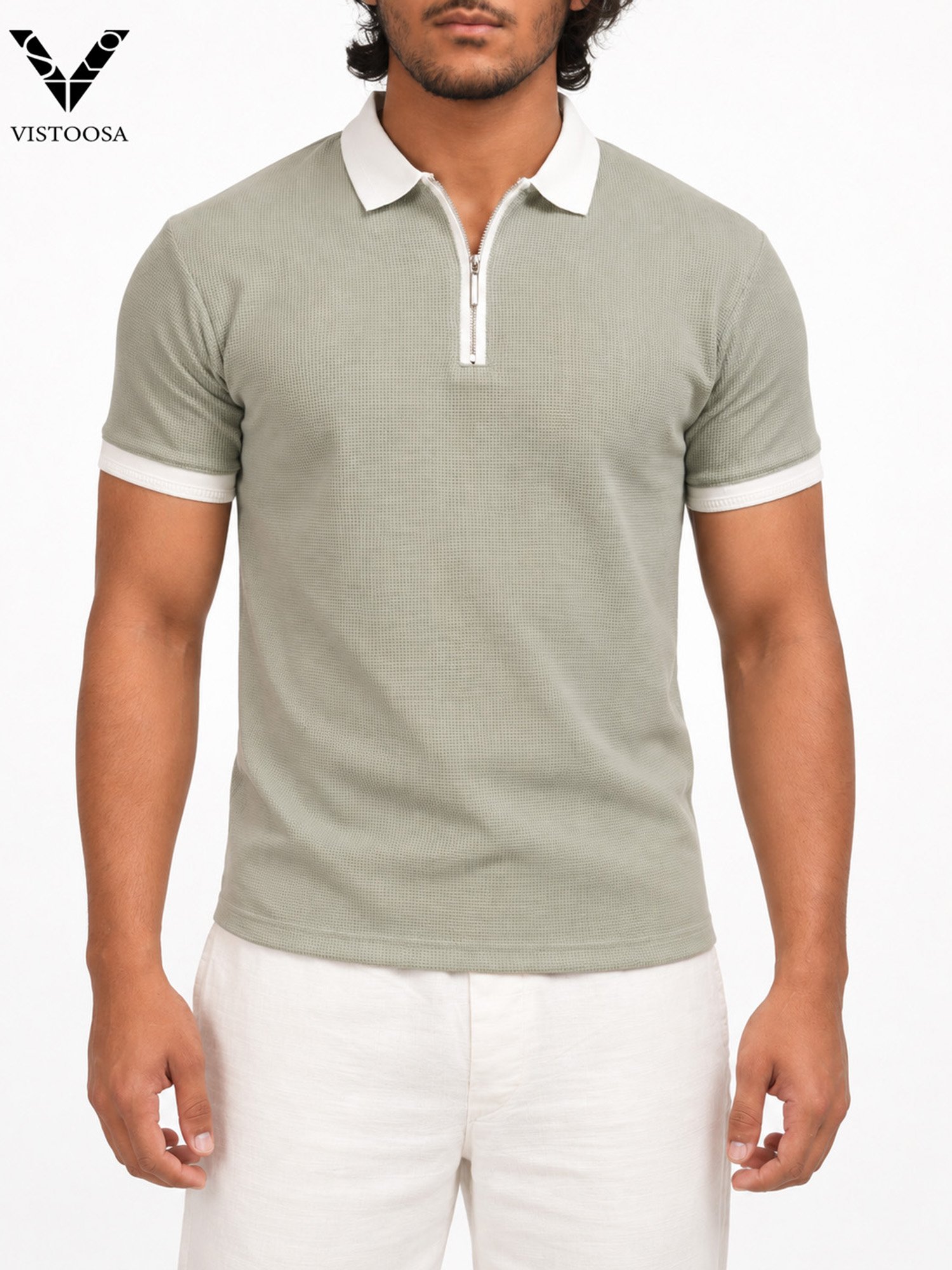 Premium Sage Green Waffle Zipper Polo
