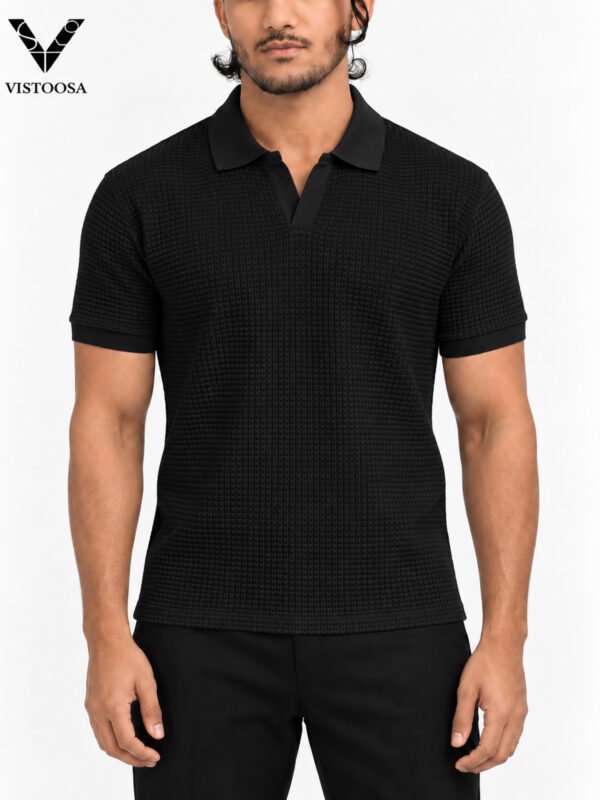 Premium Waffle Knit Plain V-Neck Fancy Polo Black