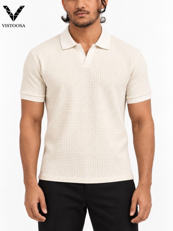 Premium Waffle Knit Plain V-Neck Fancy Polo Off White