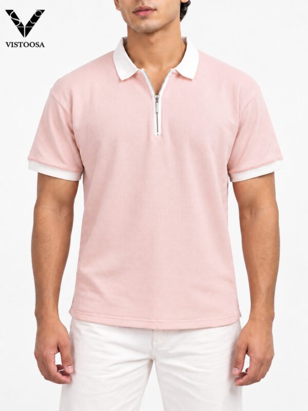 Premium Baby Pink Waffle Zipper Polo